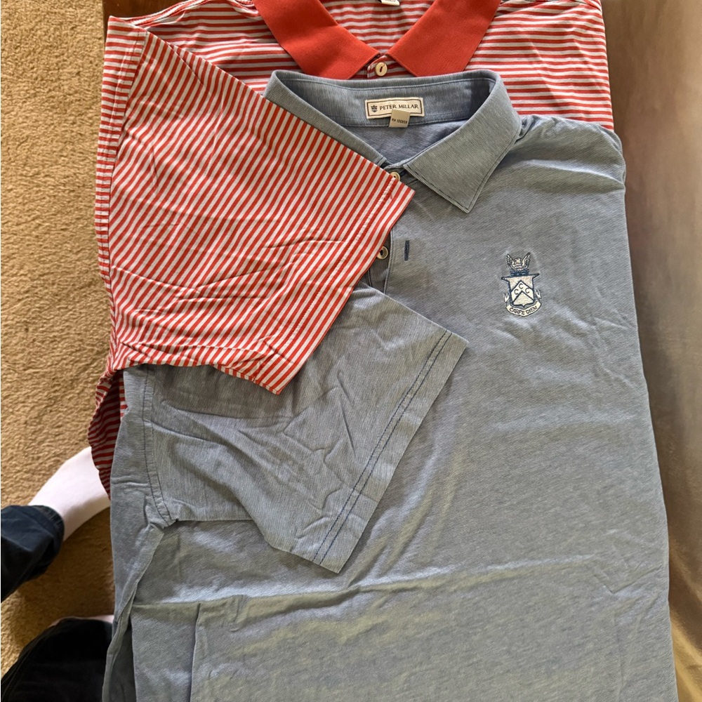BOTH: Peter Millar blue pinstripe and red pinstripe Polo Shirts